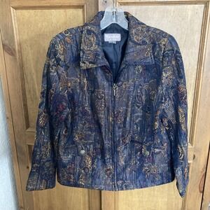 Tan Jay Petites Blazer Textured Metallic Navy Multicolor Jacket Zip 8P  TanJay